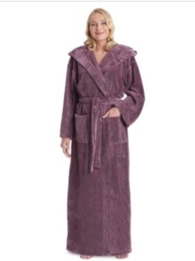 Arus Women's Hooded Full Ankle Length Premium Fleece Bathrobe - Plum